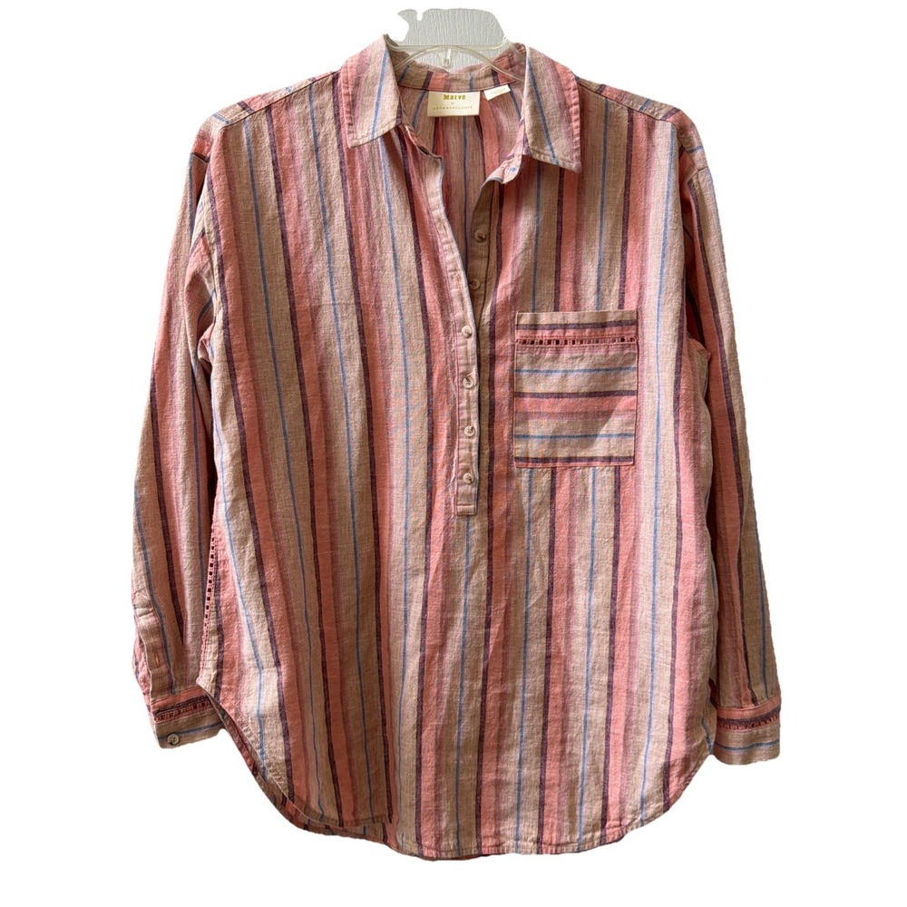 Anthropologie Maeve Lida Linen Blend 1/2 Button Peasant Pullover Top Womens M